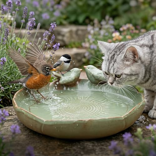 9.5 Glazed Ceramic Nature Sanctuary-Whisker-Safe Oasis for Pets & Birds | Outdoor Bird Bath , Heavy Duty Decorative Shallow Dish for Cats, Small Dogs, Garden Wildlife - Aesthetic Succulent Planter