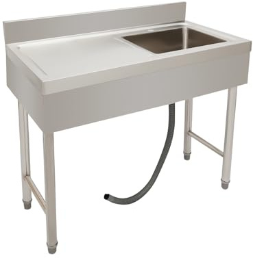 Fregadero de acero inoxidable independiente, 100 x 50 x 80 cm, capacidad de carga de 150 kg, 1 lavabo, fregadero de restaurante comercial, fregadero exterior con banco de trabajo, tubo de desagüe para