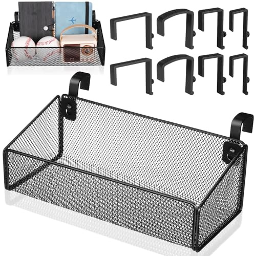 SHINEOFI Bedside Caddy Hanging Storage Basket with Hooks Beside Shelf Metal Wire Organizer Rack for College Dorm Bunk Bed Office Cubical Walls Baby Rails for Phone, Glass, Magazine, Black