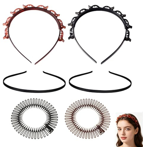 6 Stück Haarreif mit Klammern Rutschfeste Kreisförmig Stretch Stirnband | Haarband mit Clips Haarreifen Damen Double Bangs Hairstyle Hairpin Haar Accessoire für Sport Fitness Alltag Styling