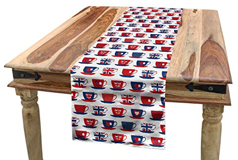 ABAKUHAUS Tee-Party Tischläufer, Großbritannien Teacups, Esszimmer Küche Rechteckiger Dekorativer Tischläufer, 40 x 180 cm, Nachtblau Zinnoberrot