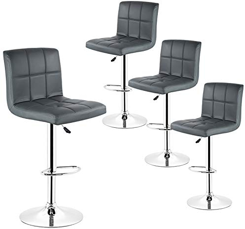 Flyelf 4er-Set Barhocker Leder mit Rückenlehne drehbar höhenverstellbar 92-112cm (4 Barhocker/Grau)