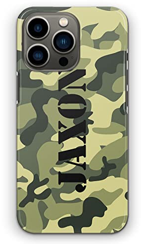 Personalised Initials Hard Phone Case For Apple iPhones, 16, 15, 14,13, 12, 11, Pro Max, Mini, XR, SE Mixed Green Army Camouflage Print with Custom Name/Black Capital Text, Camo Phone Cover