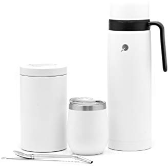BALIBETOV Kit de Mate Argentino - Calabaza Mate Moderna, Termo Mate, Contenedor para Yerba Mate (Yerbero), Bombilla (Sorbete) y Cepillo de limpieza - Acero inoxidable 304 18/8 (Blanco)