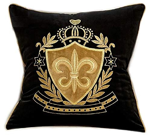 Brillabenny Kissen Cover Luxury Royal Wappen Krone Samt Schwarz und Gold Gold, Lilie Sofa Home Decor Luxus Yatch Sessel Wohnzimmer (Schwarz Gold 1)