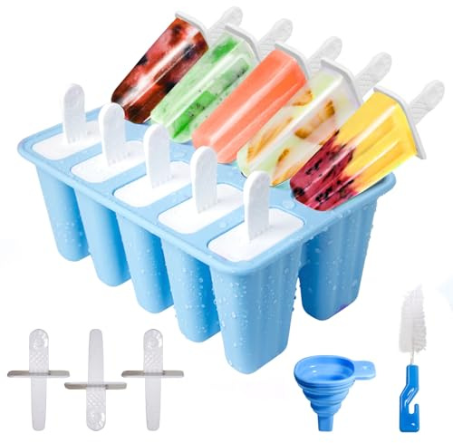 Ice Lolly Moulds with Sticks,10-Hole Silicone Popsicle Moulds, Non-Stick Ice Cream Moulds with Cleaning Brush and Folding Funnel, BPA Free
