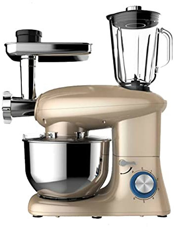 Royal Swiss - ROBOT MULTIFUNCIONAL 3 EN 1, PICADORA - LICUADORA - AMASADORA , 1400 W, 6L con 6 velocidades CUENCO DE ACERO INOXIDABLE-ORO