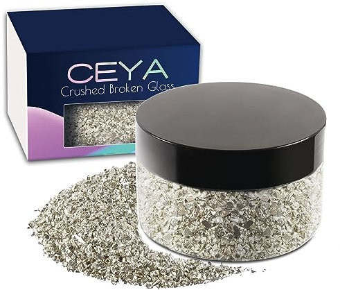 Ceya 5.3oz/ 150g Crushed Irregular Glass Silver Metallic Crystal Chips Broken Glass Glitter 2-4mm Craft Glitter for Nail Arts Epoxy Resin Mold Coasters Ornament Painting Geode Phone Case Jewelry