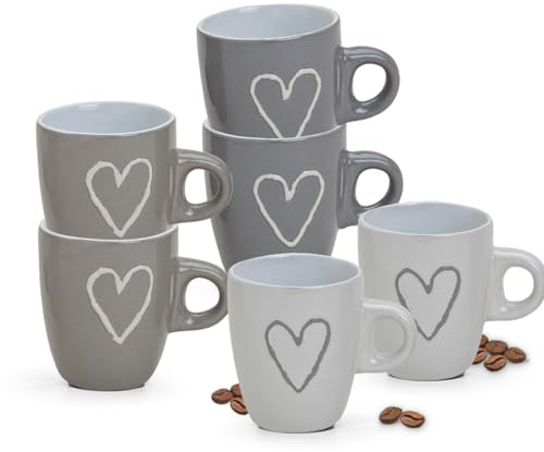 Süße Espressotassen 6er Set mit Herz in grau, beige, weiß - Schöne Espresso Tassen mit Henkel für italienischen Kaffee - Kleine 50ml Tassen Mikrowellengeeignet Spülmaschinenfest als Geschenk
