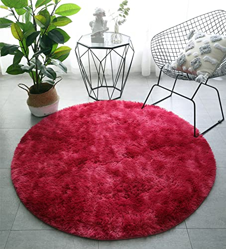 LYKEJI Runder Teppich, Langflor, Modern, für Wohnzimmer, Schlafzimmer, Esszimmer oder Kinderzimmer, Komfortable Hochflor-Bodenmatte Anti-Rutsch-Teppich (140cm X 140cm, Weinrote Farbe)