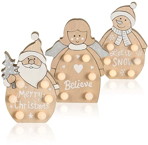 com-four® 3X LED Weihnachtsfigur als dekorative Beleuchtung - Holzfigur als Weihnachtsdekoration - Deko aus Holz mit Licht - Holzdekoration zu Weihnachten [Auswahl variiert] (15cm - Figuren mit LEDs)