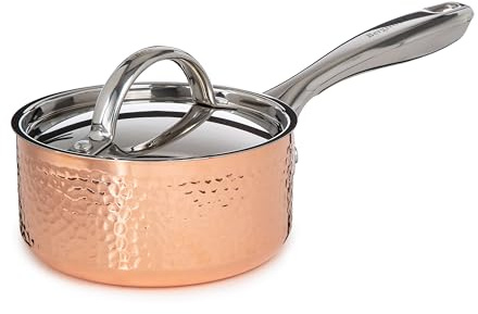 BergHOFF Vintage Tri-Ply Copper 5.5in Saucepan 1qt. With Matching Lid, Hammered, Long Ergonomic Shaped Handle, 3-layer Base, Gold