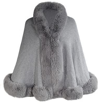 ZLYC Damen Winter Kunstpelz Poncho Cape Strick Schal Stola Warm Cardigan(Grau)