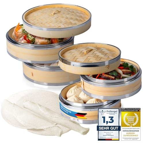 Dimono® Bamboo Steamer with Stainless Steel, 2 Tier Steamer with Lid, Steamer Basket Rice Cooker Bamboo Cooker for Sim Sum Dumplings, Vegetables, Rice, Meat, Fish (2er Set)