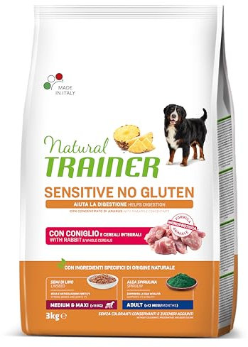 Natural Trainer Sensitive No Gluten, Cani Adulti Medium&Maxi, Coniglio e Cereali Integrali, 3kg