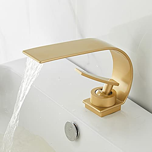 Sticque Wasserfall Wasserhahn Bad Waschtischarmatur Waschbecken Armatur Moderner Stil Messing Einhebelmischer Mischbatterie Mit Kaltes Und Heißes Wasser Vorhanden, Gold
