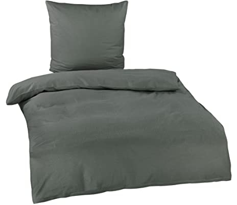 BaSaTex Feinbiber Winter Bettwäsche warme und kuschelige Bettgarnitur und Kissenbezug 135x200 + 80x80 cm | 100% Baumwolle | Uni Anthrazit