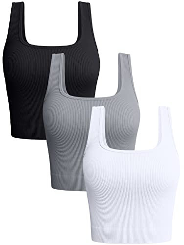 OQQ Damen 3-teiliges Tank-Top, gerippt, nahtlos, Workout-Shirts, Yoga, Bauchfreies Top, Schwarz Grau Weiß, Groß