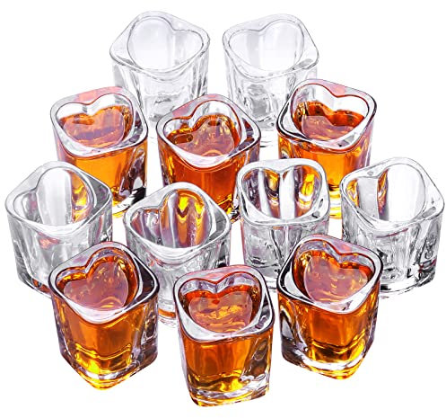 Valeways Vasos de chupito, vasos de chupito de base pesada de 2 onzas, juegos de 12 vasos de chupito transparentes en forma de corazón, chupitos de tequila, vasos de chupito cuadrados, vasos de