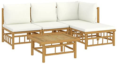 vidaXL Salon de Jardin 5 pcs avec Coussins Blanc crème Bambou, Ensemble de Salon, Ensemble de Salon extérieur, Ensemble de mobilier d'extérieur