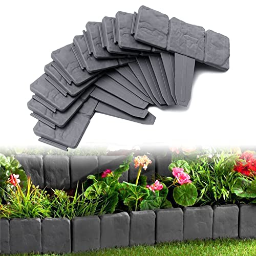 JOIEYOU Bordo per aiuole in plastica, effetto pietra, per prato, 5 m, flessibile, in polipropilene per fiori, recinzione da giardino, 25 x 23 cm, 20 pezzi, antracite