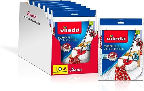 Vileda -Ricambio Turbo 2in 1; compatibile con tutti i sistemi Turbo Vileda; 20% di prestazioni extra; adatto a tutti i tipi di pavimenti duri; elimina il 99% dei batteri solo con acqua; 6 pezzi