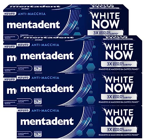 Mentadent White Now Zahnpasta gegen Flecken, Aufheller, sofortige Wirkung gegen oberflächliche Flecken der Zähne, vorübergehende Aufhellung – 6 Flaschen à 75 ml
