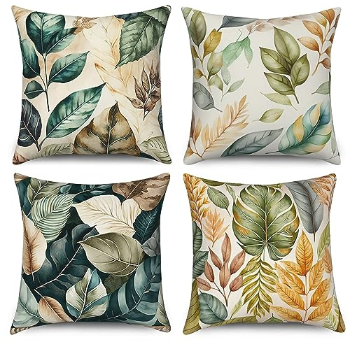 ASDCXZ Blätter Kissenbezug 40x40 cm 4er Set, Modern Kunst Blau Grün Blätter Sofa Dekokissen Kissenbezüge Kissenhülle Waschbar Polyester Flachs Textil Outdoor Polster Kopfkissenbezug Kissen Bezug