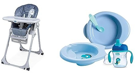 Chicco Polly Easy Seggiolone Pappa Evolutivo per Bambini da 6 Mesi a 3 Anni (15 kg) & Set per la Pappa Composto da Tazza Training Cup, Primo Cucchiaio, Piatto Pappa Calda