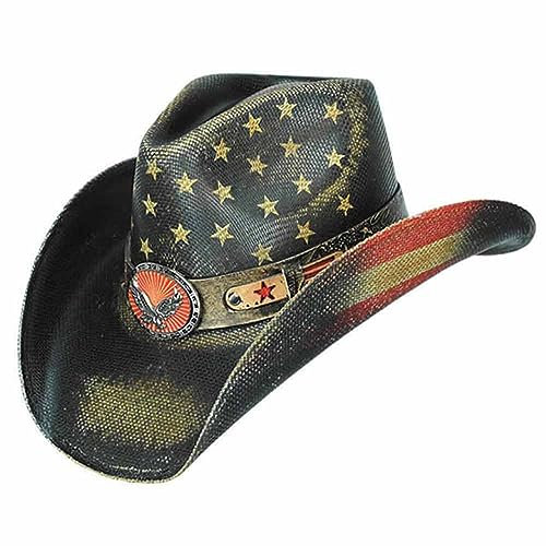 Generisch Cowboyhut Strohhut The Eagle 3 Stars & Stripes im Used Look (L)