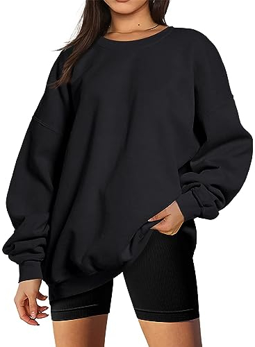 Timuspo Pullover Damen Oversize Langarmshirts Fleece Rundhals Lässige Sweatshirts Herbst Winter Frauen ohne Kapuze Locker Oberteile Schwarz XL
