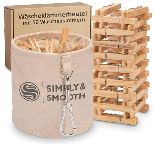 SimplySmooth Wäscheklammerbeutel XL inklusive 50 Wäscheklammern aus Holz – Klammerbeutel aus 100% Baumwolle mit extra großen Karabinern zum Aufhängen - Wäscheklammerkorb mit Verschluss