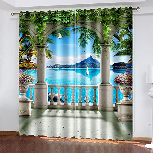 GELOUT Gardine Vorhang Vorhange Blickdicht Mit Ösen Natürliche Landschaft Coconut Seagull Beach 160cm lang 210cm Breite Verdunkelung 3D Curtain Effekt Motiv Druck Wohnzimmer Schlafzimmer