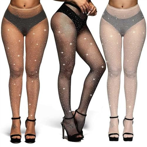 Sprinlot 3 Piezas Medias De Rejilla Para Mujer Brillante, Negro Tono Piel Blanco, Medias De Rejilla De Strass, Mujer Medias Brillantes, Medias Con Purpurina Para Mujer Sexy, Polainas Brillantes