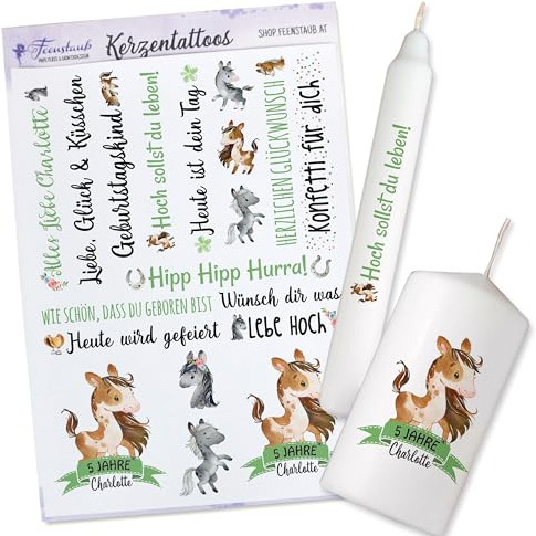 FEENSTAUB Kerzentattoos Geburtstag, personalisierbare Transferfolie für Kerzen, Kerzen Tattoos für den Geburtstag, Geburtstagskerzen selber gestalten, Kerzenfolie Geburtstag Pferde