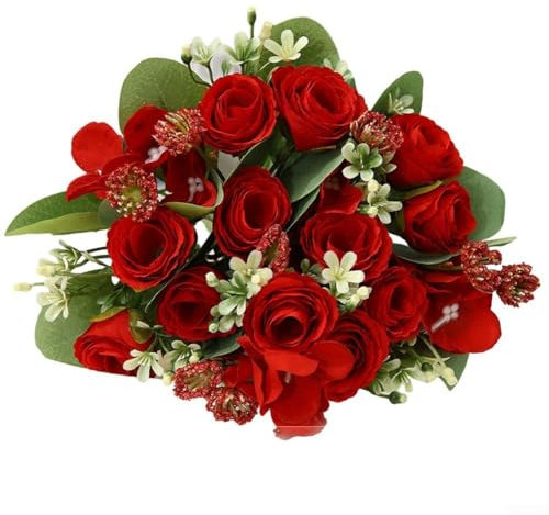 Flores artificiales, hortensias de seda, peonías, rosas, arreglos florales, centros de mesa para el hogar, tumbas, oficina, fiesta, decoración de boda (rojo brillante)