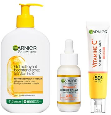 Garnier SkinActive - Coffret Routine Eclat Vitamine C – Gel Nettoyant Booster d’éclat + Sérum Anti-Taches Brunes + Fluide Anti-UV Quotidien Glow SPF50+ - Enrichis en Vitamine C - Tous Types de Peaux