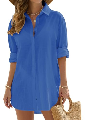 Vancavoo Robe de Plage Femme Tunique Plage Cache Maillot de Bain Été Chemise Longue Boutonnée Cache-Maillots Bikini Cover Up Vêtements de Plage,Bleu foncé,XL