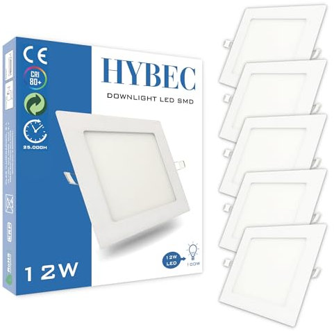 CLAR - LED Einbaustrahler Flach, Einbaustrahler LED, LED Einbaustrahler 230V, LED Spots 230V, Spots Deckenleuchte LED, LED Einbauleuchten, Downlight, LED Downlight, Quadratisch 12W (Pack 5)