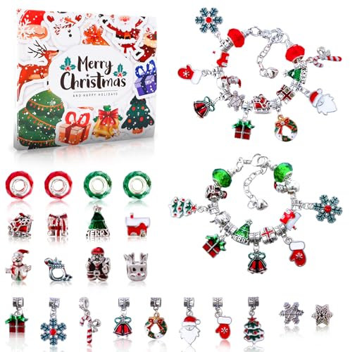 Aitsite Schmuck Adventskalender 2025 Kinder Mädchen, Schmuck Selber Machen Set mit 22 Charms Beads 2 Armbänder, Charm Armband Set Selber Machen, Weihnachtskalender Schmuck Basteln Mädchen Geschenke