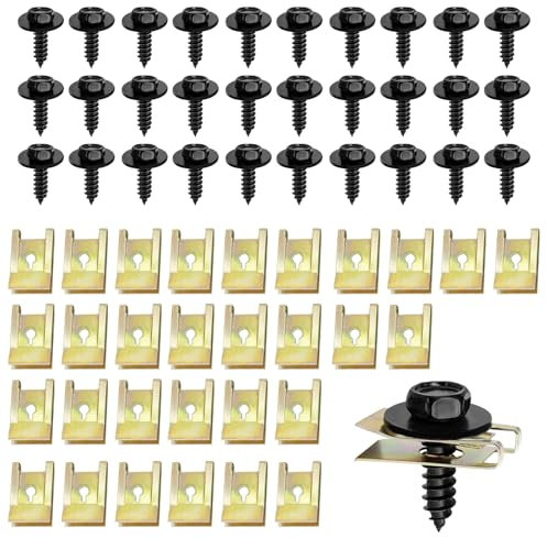 IETWATE 60PCS Screw and Nut Clip Kit, Hexagon Self Drilling Auto Body Fender Screws, U Type Fastener Clip, Manganese Steel Car Body Screw, for Car Wheel Arch Cover Undertray Fender