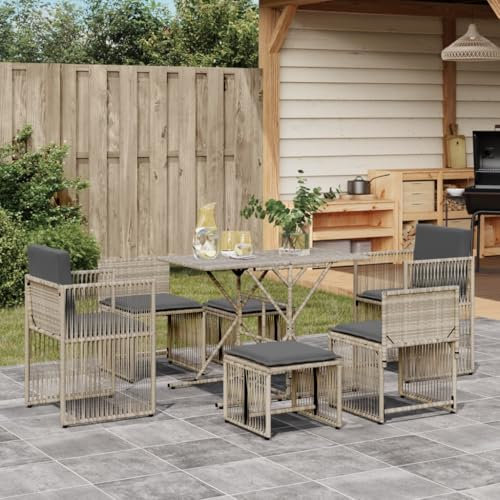 Somanki 7-TLG. Garten-Essgruppe mit Kissen Hellgrau Poly Rattan, Esstisch Mit Stühlen Set, Gartenmöbel Sitzgruppe, Balkon Möbel, Gartenlounge Set, Terrassenmöbel, Balkonmöbel Set - 369014