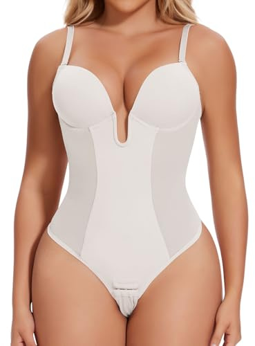 Joyshaper Women Backless Shapewear Bodysuit Tummy Control U Plunge Body Shaper Built in Bra Thong Wedding Party White,M