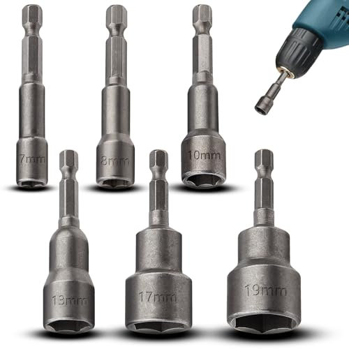 TXXATX Sechskant Bit Set 6-tlg Magnet Steckschlüssel 7-19 mm Nuss Akkuschrauber Stecknuss Nuss Adapter 1/4 Zoll Stecknuss Adapter Set Steckschlüsseleinsatz für Steckschlüssel Akkuschrauber