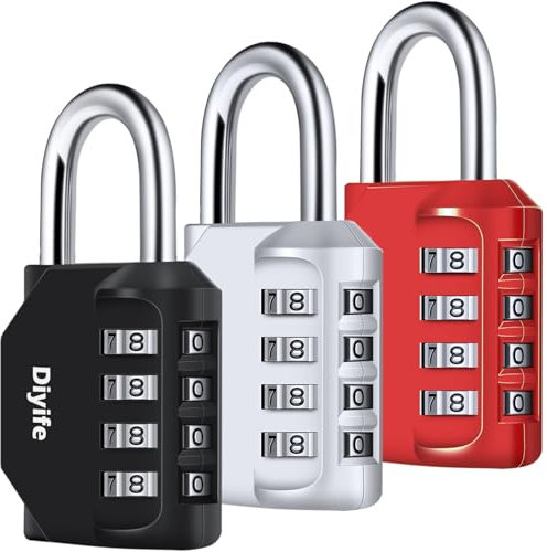 Diyife 3 Stück Zahlenschloss 4-Stelliges Kombination Vorhängeschloss, Kombinationsschloss, Wetterfestes Metall, Plated Steel Combination Lock für Schule, Gym Locker, Hasp, Schwarz Rot Silber