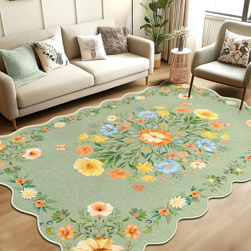 GthreeD Teppich Wohnzimmer Waschbarer 120x160 cm - Boho Kurzflor Teppich Schlafzimmer - Orientalischer Vintage Teppiche Weich rutschfest Design für Schlafzimmer,Esszimmer,Gewellter Rand Blumen-Grün
