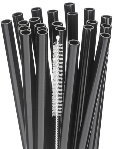 Dakoufish Lot de 22 pailles de rechange réutilisables en plastique pour bocaux de 300 ml et 355 ml, pailles noires de 20,3 cm avec brosse de nettoyage, passent au lave-vaisselle, sans BPA