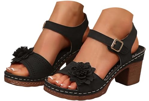 Dasongff Sandales et Nu-Pieds Bohême Femme Ete Confortable Talon Bloc Chaussures De Marche Fleurs Antidérapantes Respirantes Sandale Bout Ouvert et Plateforme Comfy Romaines