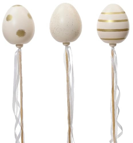 ETC dekorativer frühlingshafter Deko Stecker Oster-Stecker Garten-Stecker Osterei im 3-er Set ca. 15 x 12 x 60 cm in 2 verschiedenen Sets (3 x weiß mit Gold)