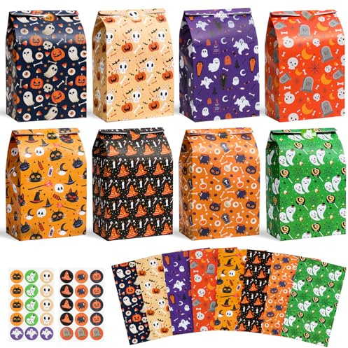 RICEDUO 24 Stück Halloween Süßigkeit Taschen mit 30 Aufklebern – 8 Motive Geschenkbeutel für Kinder mit Füllmaterial, Kraftpapier-Goodie-Bags für Partys – Partyzubehör
